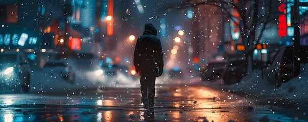 A solitary figure strolls through a snowcovered city street at night. Concept Winter Wonderland, Nighttime Exploration, Quiet Solitude, Magical Snowfall - obrazy, fototapety, plakaty