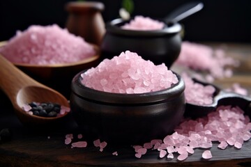 Obraz na płótnie Canvas Colorful Pink black salt on background. Kitchen cooking natural spice cuisine. Generate Ai
