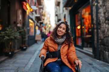 girl very smiling in front of the camera in a wheelchair