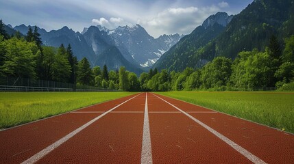 Running track with green grass and mountain view