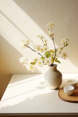 White ceramic vase with flowers on rustic wooden table near the window, sunlight, space for copy.