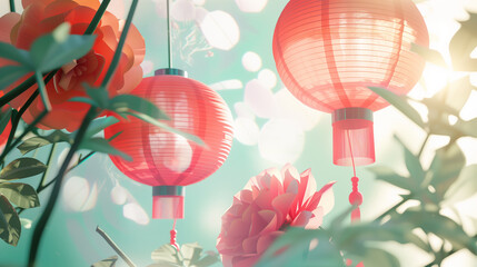 Obraz na płótnie Canvas Red Chinese lanterns and paper flowers to celebrate the Chinese New Year. Place for text. Copy space