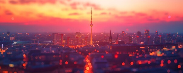 The Iconic Fernsehturm Berlin Television Tower Illuminated by Stunning Sunset Colors. Concept Historic Landmarks, Sunset Photography, Berlin Architecture, Tourist Attractions, Skyline Silhouettes - obrazy, fototapety, plakaty