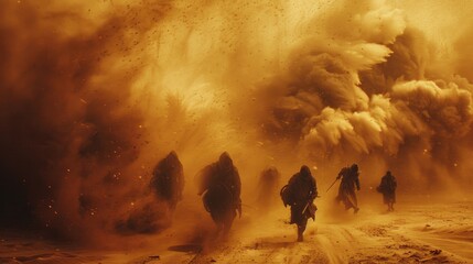 A group of people walking through the desert, a sandstorm
