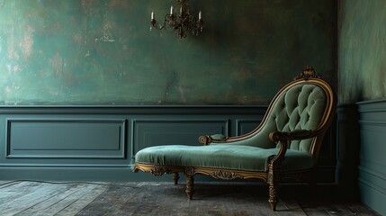 Vintage Green Velvet Chaise Lounge in an Elegant Room with Dark Wooden Floors and Distressed Green Walls, Ornate Gold Details