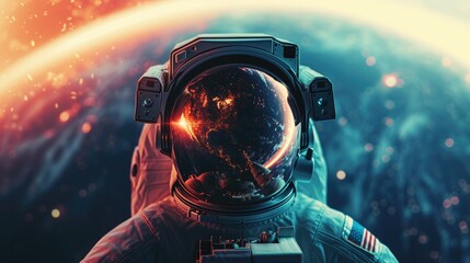 An astronaut in a suit on the background of a planet, a man in space - obrazy, fototapety, plakaty