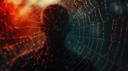 The silhouette of a man against the background of a spider web in the forest, at sunset