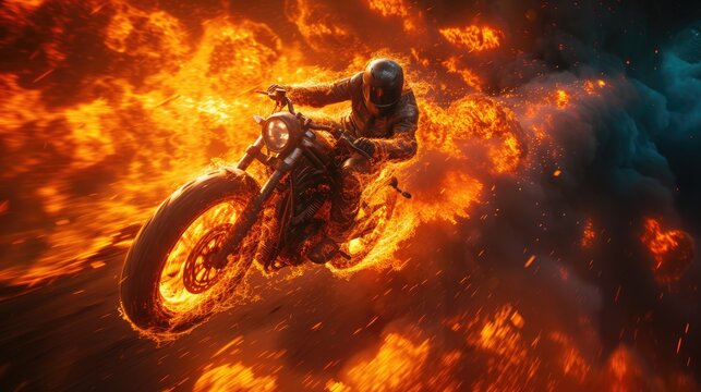 Photo of a stuntman on a motorcycle, against a background of flames, fiery flowers
