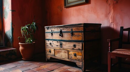 Vintage Wooden Chest of Drawers with Metal Handles, Beside a Potted Plant and Wooden Chair, Set Against a Rustic Terracotta Wall
