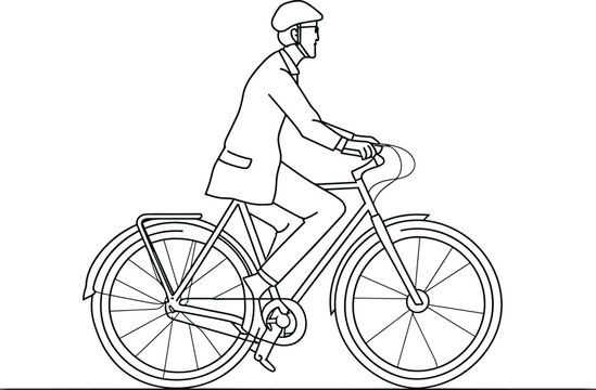 young professional businessman riding bicycle in minimalist line art style vector,  Continuous Single line drawing of a guy