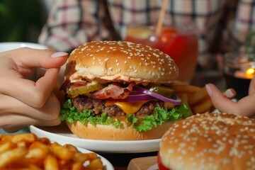 A mouth-watering meal of an american cheeseburger with crispy fries and a refreshing drink, perfect for satisfying any fast food craving indoors
