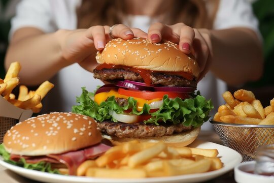 A mouthwatering american cuisine dish, complete with a juicy burger patty, melted cheese, and crispy fries, held by a person, exuding the nostalgia and comfort of indulging in classic fast food