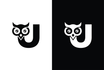 Initial letter U with owl modern company business logo icon. Simple and creative owl logo design vector, combination of letter U and owl.