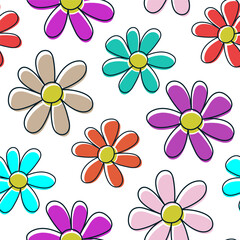 Beautiful bright colorful multi-colored flowers isolated on a white background. Cute floral seamless pattern. Vector simple flat graphic hand drawn illustration. Texture.
