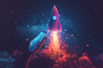 Hand Holding Cell Phone in Front of Rocket