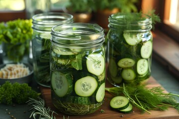 An abundant harvest of crisp cucumbers and fragrant dill captured in rustic mason jars, showcasing the wholesome and nutritious world of plant-based eating through the art of canning and pickling