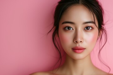 young Asian woman with dewy skin, pink backdrop highlights her delicate features and subtle makeup. Radiant beauty portrait, Asian female, clear complexion, pink tones enhance natural allure