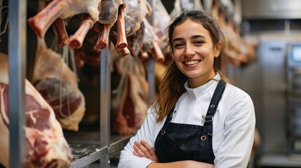 Butcher woman or meat saleswoman smiling and standing next to hanging carcasses in a large refrigerator or cold room. - obrazy, fototapety, plakaty