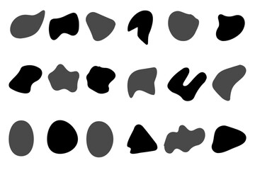 Random blob shape organic set. Pebble, inkblot, drops and stone silhouettes. Set of paint liquid black blotch spot in irregular form. Rounded abstract organic shapes. Flat fluid style vector design. 