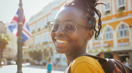 education, travel and people concept - smiling african american girl with british flag in city - obrazy, fototapety, plakaty