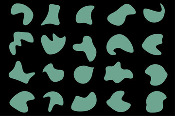 Random blob shape organic set. Pebble, inkblot, drops and stone silhouettes. Set of paint liquid black blotch spot in irregular form. Rounded abstract organic shapes. Flat fluid style vector design. 