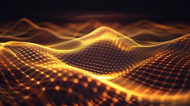Abstract background of glowing gold mesh or interwoven lines on a dark background.