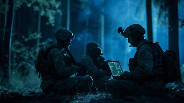 military special operation or soldiers in the forest at night reviewing a plan of action on a laptop.