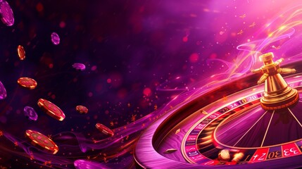 Beautiful casino background with roulette table and chips on dark background. Gambling theme with space for text or inscriptions.