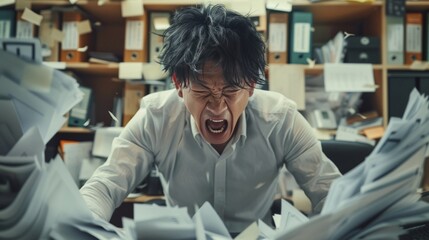 Pissed off asian office worker cluttered with paperwork shouting, theme or concept of a rush at work. 