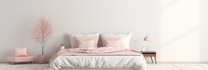 Double bed isolated against a white wall, pastel pink pillows and bedding, banner