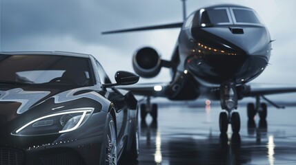 Luxury black car standing next to a private black jet at the airport, rich and luxurious life theme, front view. - obrazy, fototapety, plakaty