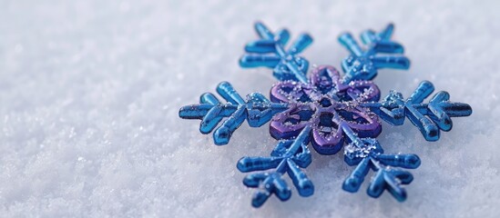 Christmas and New Year symbol: blue and purple snowflake alone on white background with natural snow.