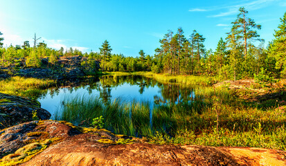 Landscape of a small lake surrounded by forest in the Karelian rocks