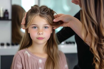Fototapeta premium A young girl receives a glamorous makeover from a skilled woman at a fashion-forward beauty salon, as her brown hair is expertly combed and styled, accentuating her natural beauty and enhancing her c