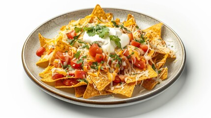Nachos chips on a plate with cheese sauce in the middle isolated on white background, top view
                        .