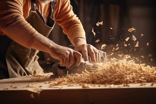 Schreiner arbeitet in der Schreinerei mit Holz, Holzsp&auml;ne fliegen beim hobeln durch die Luft, Nahaufnahme H&auml;nde mit Hobel