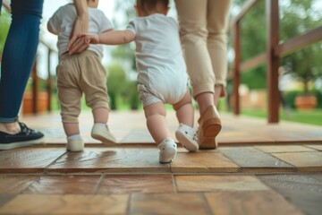 A curious toddler, clad in tiny shoes, takes his first steps on the cold tile surface, bravely exploring the great outdoors with wobbly limbs and an adventurous spirit