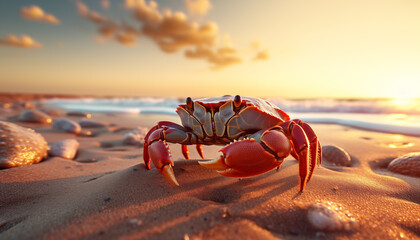 a small crab in a shell walks on the sand at sunset.  - obrazy, fototapety, plakaty