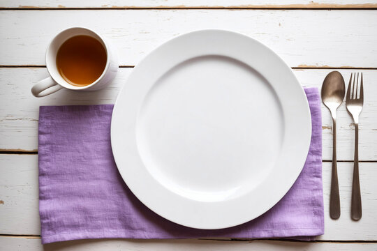 Light violet linen on rustic white slat wood surface, small white plate, spoon and fork, shot overhead, top view. Food or dessert presentation background, tea time, banner, empty, template, backdrop.