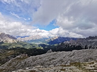 Panoramic view of the mountain landscape in the alps, Averau Mountains, peak at Averau-Nuvolau, Dolomites, Italy