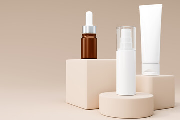 Blank cosmetic bottle mockup on podium beige background, 3d render