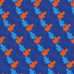 Fototapeta na wymiar Leaves stylized seamless pattern blue background. Oak leaf floating on the surface of water.
