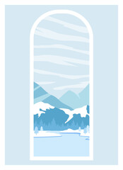 Mountains winter landscape with white peaks illustration. Vector art print of Pyrenees