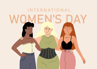 International women's day with standing smiling girls. Vector illustration of happy diverse women standing together.