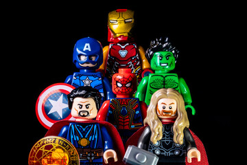 Obraz premium LEGO Marvel's Avengers. Doctor Strange, Captain America, Thor, Hulk, Spider-Man and Iron Man on a black background