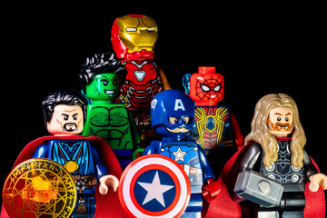 Naklejka premium LEGO Marvel's Avengers. Doctor Strange, Captain America, Thor, Hulk, Spider-Man and Iron Man on a black background
