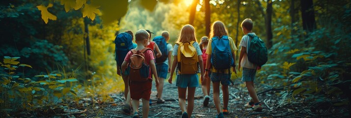 Children with backpacks walking through the forest, school camping trip in the forest - obrazy, fototapety, plakaty