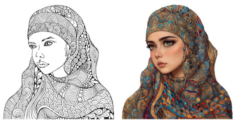 Arabic muslim woman. Hijab. Coloring book page for adult. Black and white  Hand drawn picture and coloring picture. Sketch. Vector illustration. Zentangle style.