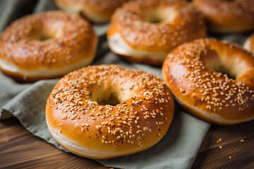 Fresh bagels with seeds, close up