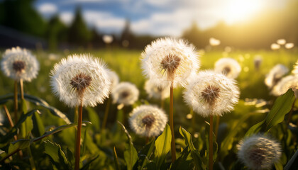 Obraz premium dandelion close up against sunlight background.